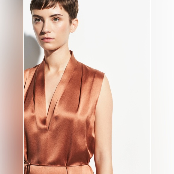 Vince Sleeveless Drape Neck Silk Dress Cliff Ember Medium - Picture 3 of 3